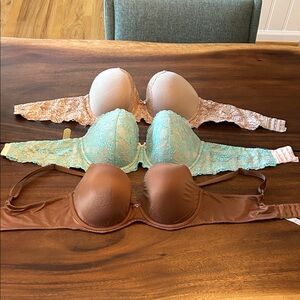 Victoria's Secret Lace and Satin Bra Trio - Cream, Mint, Brown